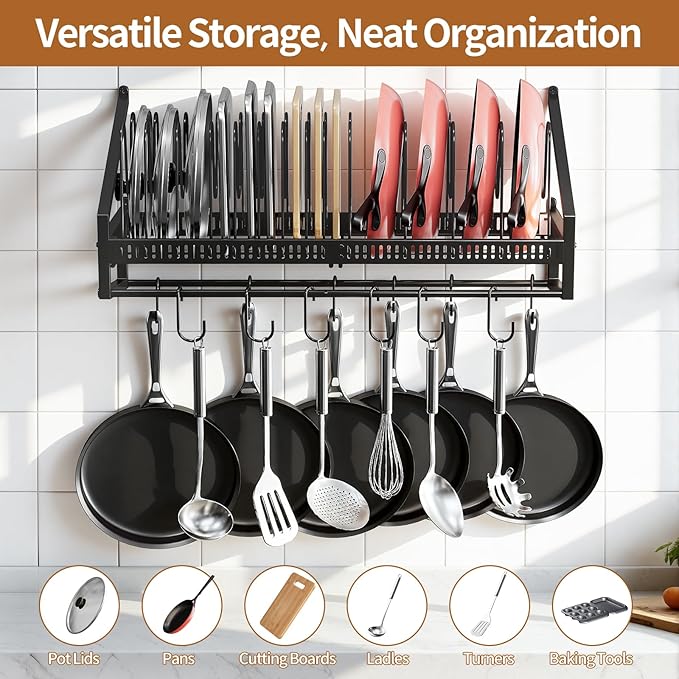 Housolution Pan Rack Wall Mounted, 24.8" Vertical Lid Organizer with 14 Adjustable Dividers, Heavy Duty Hanging Cookware Holder Hanger with 6 S-Hooks & 6 Vertical Hooks - Image 3