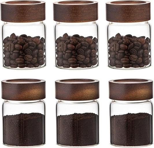 6 pc Glass Spice jars Glass Jars with Screw Lid 5 oz Acacia Wood Glass Herb Sugar Coffee Bean Ground Container Food Storage Canister for Candy Pantry Tea Seasoning Meal Prep Snack (6*150ml(5oz)) by Patoper