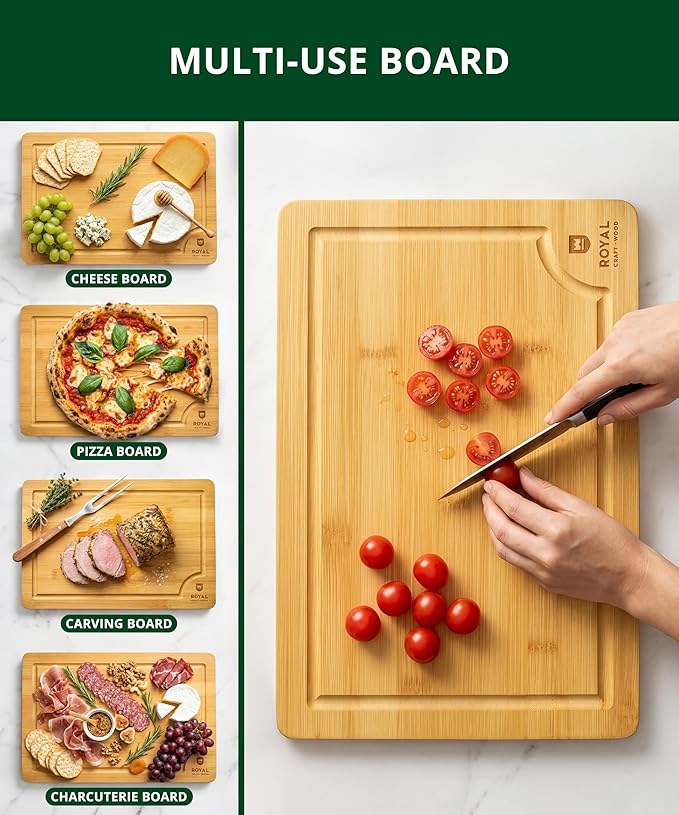 ROYAL CRAFT WOOD Wooden Cutting Boards for Kitchen Meal Prep & Serving - Bamboo Wood Serving Board Set with Deep Juice Groove Side Handles - Charcuterie & Chopping Butcher Block for Meat - Image 9