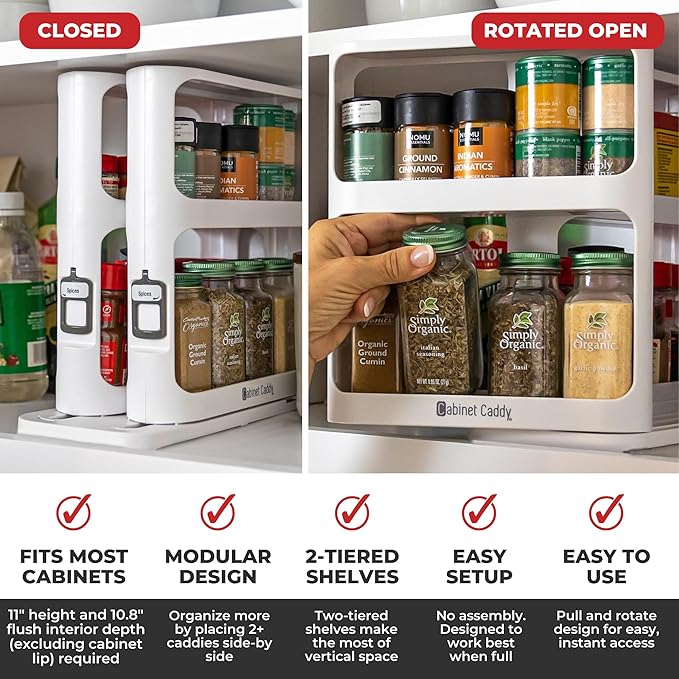 Cabinet Caddy Spice Rack Organizer for Cabinet - Slide & Rotate Kitchen Organizers and Storage - 2 Double-Decker Shelves - Non-Skid Base - Magnetic Modular Design - 10.8" H x 5.25" W x 10.8" D - Image 3