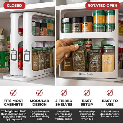 Cabinet Caddy Spice Rack Organizer for Cabinet - Slide & Rotate Kitchen Organizers and Storage - 2 Double-Decker Shelves - Non-Skid Base - Magnetic Modular Design - 10.8" H x 5.25" W x 10.8" D - Image 3