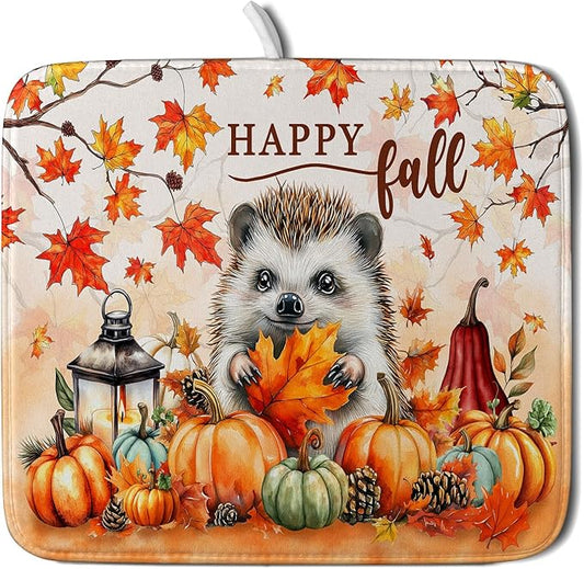 Happy Fall Dish Drying Mat - Cute Hedgehog Absorbent Drying Pad for Kitchen Counter by Giwawa