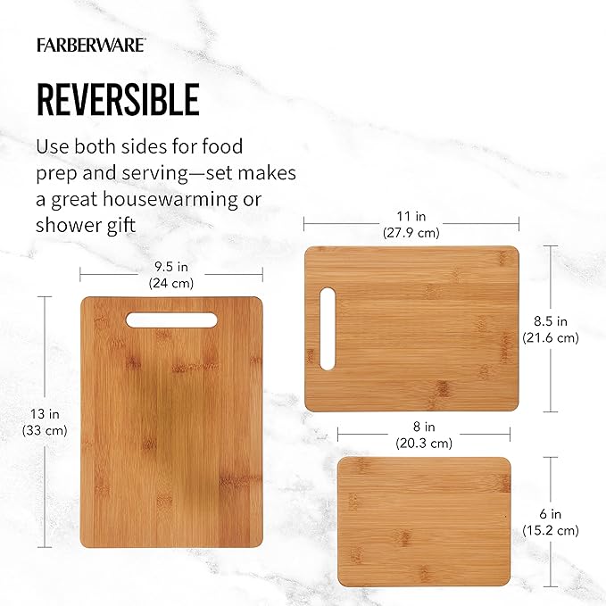Farberware 3-Piece Wood Cutting Board Set,Reversible Chopping Boards for Meal Prep and Serving,Charcuterie Boards,Wooden Cutting-Boards with Built-in Handles,Set of 3 Assorted Sizes,Bamboo,(Pack of 3) - Image 5