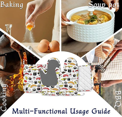 Japanese Kawaii Sushi Potholders & Oven Mitts Sets Cute Sushi Roll Silicone Heat Resistant Oven Mits and Hot Pads Non-Slip Pot Holders Gloves for Kitchen Chef Cooking Baking Grilling BBQ