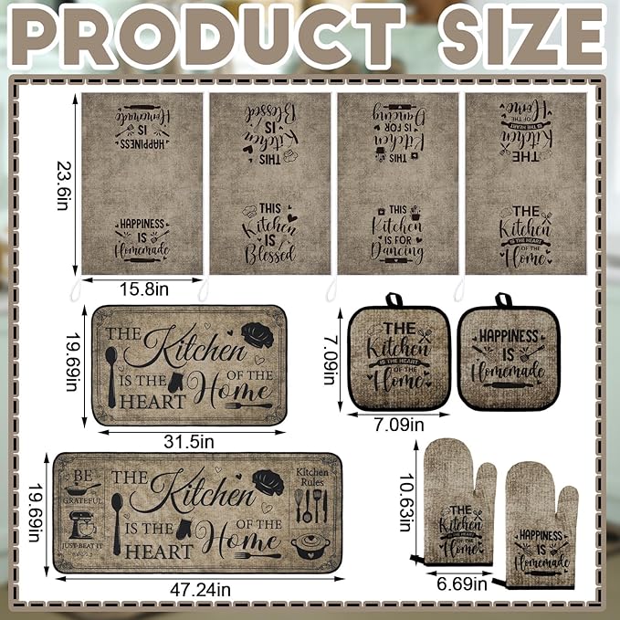 Fourluoo 10 Pcs Farmhouse Kitchen Decor and Accessories Set 4 Kitchen Towels 2 Pot Holders 2 Oven Mitts 2 Rugs for Cooking Baking Mom Housewarming Gifts(Vintage Color,Classic Style) - Image 3