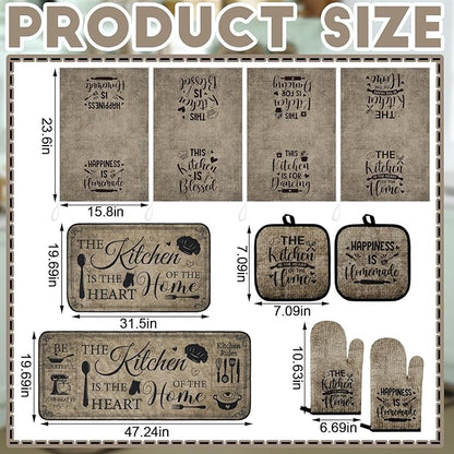 Fourluoo 10 Pcs Farmhouse Kitchen Decor and Accessories Set 4 Kitchen Towels 2 Pot Holders 2 Oven Mitts 2 Rugs for Cooking Baking Mom Housewarming Gifts(Vintage Color,Classic Style) - Image 3