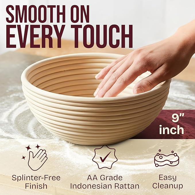 Superbaking Banneton Bread Proofing Basket, Sourdough Bread Baking Supplies, Round 9 Inch Sourdough Starter Kit, Proofing Basket for Baking, Bread Making Supplies Tools, Banneton Basket Gift Set - Image 6