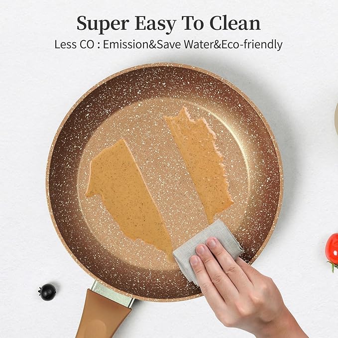 Innwewell Non Stick Frying Pan - Granite Stone Non Stick Skillet Frying Pans, Safe&No Toxic Egg Omelette Frying Pan, Nonstick Cookware Cooking Pan, Induction Compatible, PFOA Free(9.5inch, Gold) - Image 5