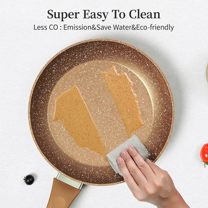 Innwewell Non Stick Frying Pan - Granite Stone Non Stick Skillet Frying Pans, Safe&No Toxic Egg Omelette Frying Pan, Nonstick Cookware Cooking Pan, Induction Compatible, PFOA Free(9.5inch, Gold) - Image 5