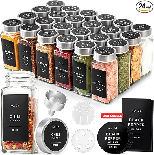 EDELHAUS Glass Spice Jars with Labels and Steel Lids (24 x 4oz) Spice Containers with 240 Label, Steel Funnel, Shaker Inserts, Empty Square Seasoning Organizer for Spice Rack, Cabinet, Drawer by EDELHAUS