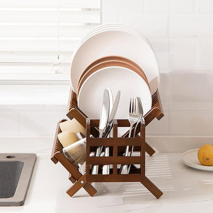 HBlife Dish Rack,Teak Folding 2-Tier Collapsible Drainer Dish Drying Rack with Utensils Flatware Holder Set (Dish Rack with Utensil Holder) - Image 6