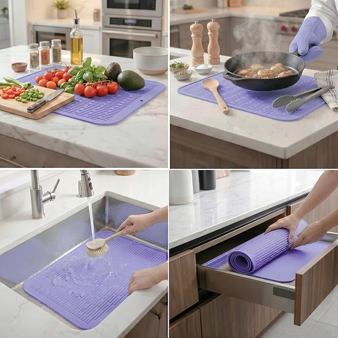 MicoYang Silicone Dish Drying Mat for Multiple Usage,Easy clean,Eco-friendly,Heat-resistant Silicone Mat for Kitchen Counter or Sink,Refrigerator or Drawer Liner Light Purple 2XL 24 inches x 18 inches - Image 3
