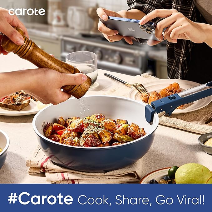 CAROTE 27pcs Ceramic Cookware Set Nonstick, Pots and Pans Set Non Stick, Non Toxic Cookware Detachable Handles, Dishwasher/Oven Safe, RV/Camping Cookware, Pan and Pot with Kitchen Utensils, Navy Blue - Image 5