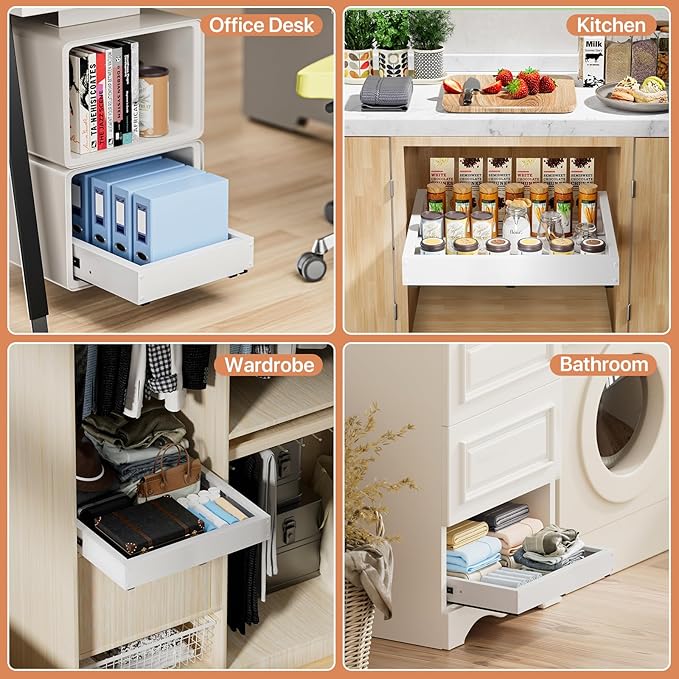 1 Pack Pull out Cabinet Organizer, Width (10"-16") Depth (17"-25"), with 3 Rails Adjustable Slide, Expandable Pullout Drawers for Cabinets, No Drill Adhesive Kitchen Drawers for Pantry Shelves - Image 4