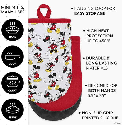 Disney Oven Mitts 2-Pack - 5.5” x 7.5” Heat-Resistant Mini Oven Mitts with Non-Slip Printed Silicone Disney Silhouettes - Pot Holders for Kitchen - Mickey & Minnie, Stitch, Winnie the Pooh