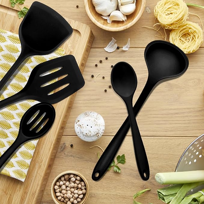 E-far 10 Pieces Silicone Cooking Utensils Set, Heat Resistant Kitchen Utensil Set for Nonstick Cookware, Kitchen Cooking Tools with Spatula, Spoon, Slotted Turner, Non-Toxic & Dishwasher Safe (Black) - Image 8