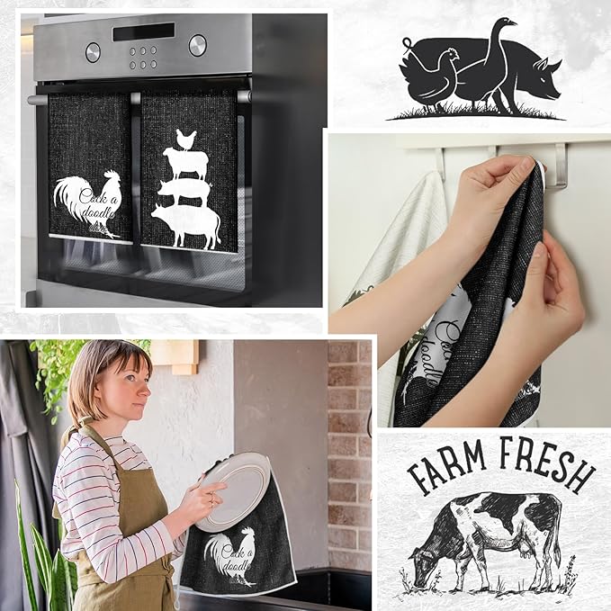 VitalCozy 8 Pcs Farm Animal Theme Kitchen Towels Pot Holders and Oven Mitt Set 4 Farmhouse Dish Towels 2 Rustic Square Potholders 2 Decorative Heat Resistant Glove for Cooking Baking Home Gifting