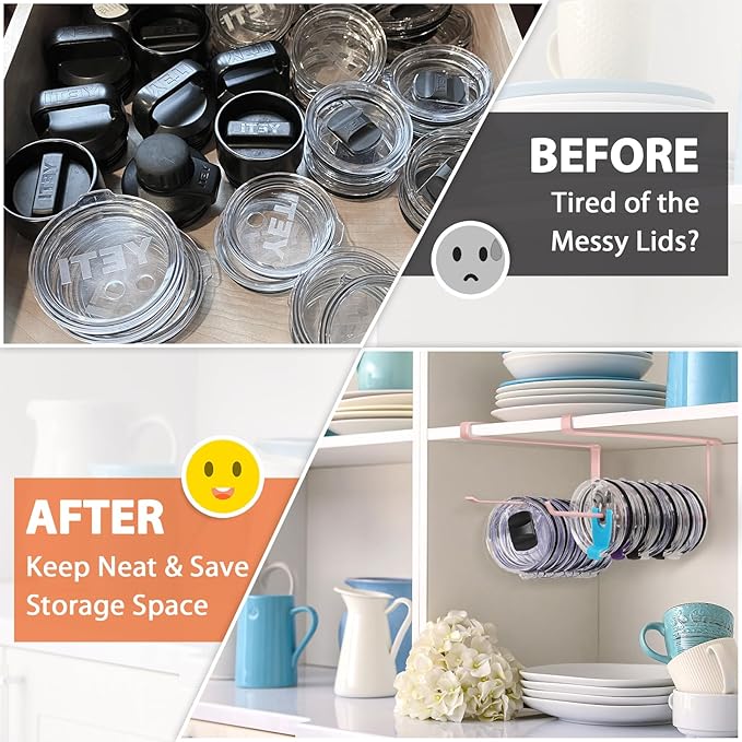 2 Pack Tumbler Lid Organizer, Horizontal Tumbler Lid Storage Hook Up to 20 Lids, Space Saving Cup Lid Holder Under Cabinet Tumbler Lid Hook for Kitchen Organizer, Paper Towel Hanger(Round&Flat, Pink) - Image 6