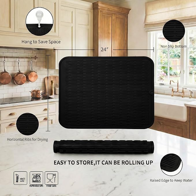 MicoYang Silicone Dish Drying Mat for Multiple Usage,Easy clean,Eco-friendly,Heat-resistant Silicone Mat for Kitchen Counter or Sink,Refrigerator or Drawer Liner Coffee 2XL 24 inches x 18 inches - Image 2