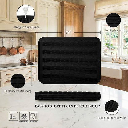 MicoYang Silicone Dish Drying Mat for Multiple Usage,Easy clean,Eco-friendly,Heat-resistant Silicone Mat for Kitchen Counter or Sink,Refrigerator or Drawer Liner Black 2XL 24 inches x 18 inches - Image 2