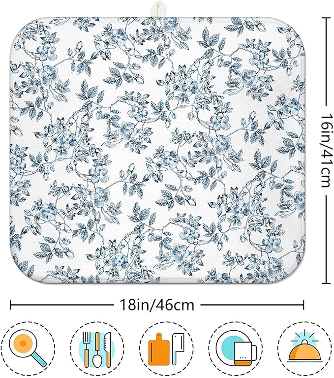 Floral Spring Small Dish Drying Mat for Kitchen Counter 16''x18''Microfiber Absorbent - Foldable, Quick-Dry, Non-Slip, Compact Plant Leaves Kitchen Drying Pad for Dishes, Countertops, and Cookware - Image 7