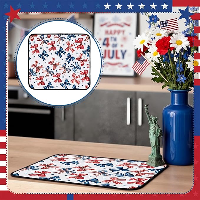 Breling Patriotic Dish Drying Mat 4th of July Kitchen Drying Mat 16 x 18 Inch Red Blue and White Bow Dish Pad Microfiber Non-slip Mats for 250th Anniversary Kitchen Decor Independence Day Accessories