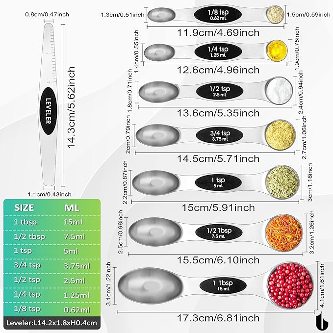 Urbanstrive 8 Pcs Upgraded Magnetic Measuring Spoons Set Stainless Steel Dual Sided for Liquid Dry Food Measuring Cups Spoons Set Fits in Spice Jar Kitchen Gadgets Including Leveler, Silver - Image 2