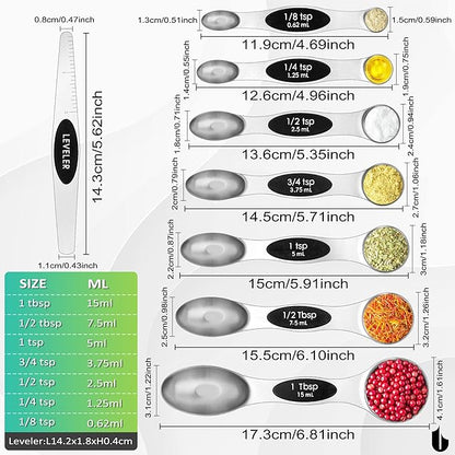 Urbanstrive 8 Pcs Upgraded Magnetic Measuring Spoons Set Stainless Steel Dual Sided for Liquid Dry Food Measuring Cups Spoons Set Fits in Spice Jar Kitchen Gadgets Including Leveler, Silver - Image 2