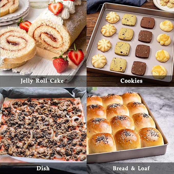 11 Inch Square Baking Sheet Set of 2, Commercial Nonstick Carbon Steel Cookie Sheets, 1.4" Deep Jelly Roll Pan Oven Tray, Non Toxic Bakeware, Heavy Duty & Easy Clean