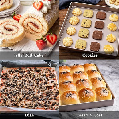 11 Inch Square Baking Sheet Set of 2, Commercial Nonstick Carbon Steel Cookie Sheets, 1.4" Deep Jelly Roll Pan Oven Tray, Non Toxic Bakeware, Heavy Duty & Easy Clean