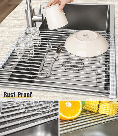 Tomorotec Stainless Steel Roll-Up Dish Drying Rack Marble Color Silicone Edges, Foldable Kitchen Rack Heat Resistant Trivet Supports up to 70 lbs, Food Safe for Dishes, Cookware & More - Image 2