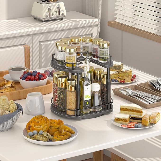 Across-Star Lazy-Susan-Spice-Rack -Organizer For Cabinet With Adjustable Height, 12 inch Rotating Seasoning Holder Spice Organization For Pantry, 2-Tier Kitchen Counter Shelf Countertop Organizer - Image 2
