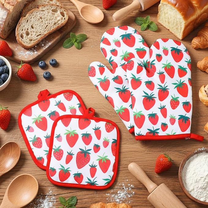 4 Pcs Oven Mitts and Pot Holders Cute Strawberry Oven Gloves and Pot Holders Non Slip Heat Resistant Ovens Mitts for Cooking Baking Accessories Fruit Themed Kitchen Linens, 6"x12" - Image 3