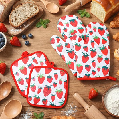 4 Pcs Oven Mitts and Pot Holders Cute Strawberry Oven Gloves and Pot Holders Non Slip Heat Resistant Ovens Mitts for Cooking Baking Accessories Fruit Themed Kitchen Linens, 6"x12" - Image 3