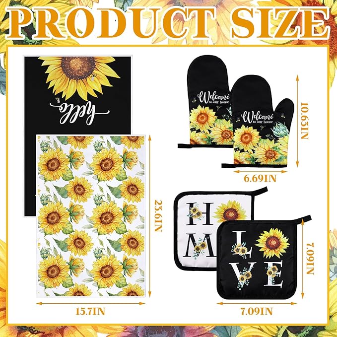 Leinuosen 6 Classic Sunflower Kitchen Towels Kitchen Decor and Accessories Set Floral Plant Oven Mitts and Pot Holders Sets Farmhouse Absorbent Dish Towels for Cooking Baking Grilling - Image 3