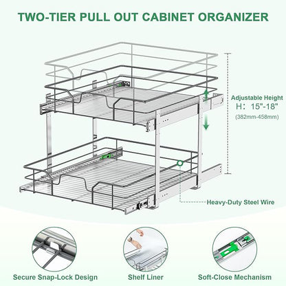 2-Tier Pull Out Cabinet Organizer (14" W x 22" D), Soft Close Cabinet Slide Out Shelves, Heavy Duty Slide Out Drawers with Shelf Liner for Kitchen Cabinets, Pantry Storage, Bathroom