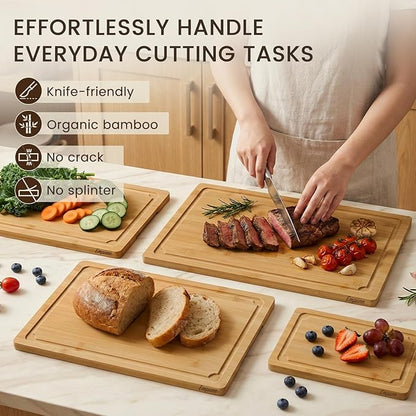 Extra Large Cutting Board Set of 4, Bamboo Cutting Boards for Kitchen with Juice Groove and Handles Kitchen Chopping Board for Meat Cheese board Heavy Duty Serving Tray, Empune - Image 4