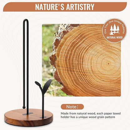 Wood Paper Towel Holder Countertop, Leaf-Shaped Accent Iron Rods with Anti Slip Weighted Base, Easy Tear Farmhouse Kitchen Towel Holder for Dining Table