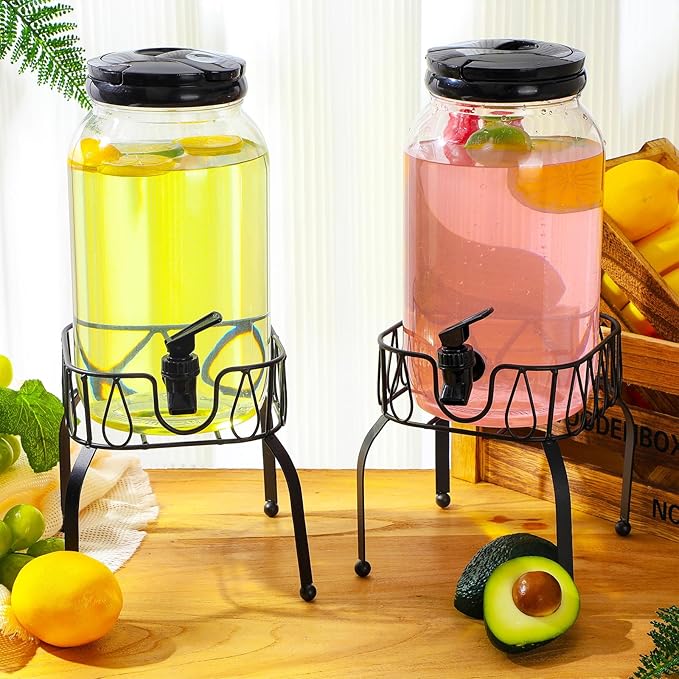 Tanlade 2 Pcs Plastic Drink Dispenser with Stand Beverage Dispenser with Sturdy Metal Base Juice Jar for Parties Lemonade Jar Spigot for Weddings Countertop Water, Each 1 Gallon(Black)