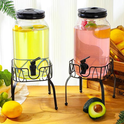 Tanlade 2 Pcs Plastic Drink Dispenser with Stand Beverage Dispenser with Sturdy Metal Base Juice Jar for Parties Lemonade Jar Spigot for Weddings Countertop Water, Each 1 Gallon(Black)
