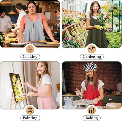 Apron for Women with Pocket Cotton Linen, Japanese Cross Back Apron for Gardening Painting