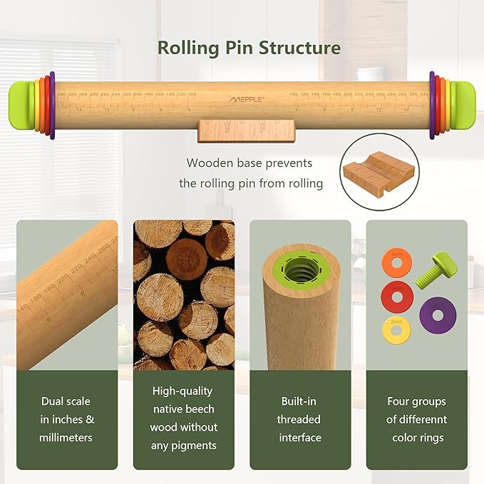 Rolling Pin with Thickness Rings and Pastry Baking Mat, 13.6" Adjustable Wooden Rolling Pin Dough Roller for Baking Cookie Pizza, Comes with Large Silicone Pastry Mat and Wooden Stand - Image 8