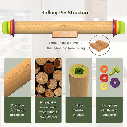 Rolling Pin with Thickness Rings for Baking,Fondant, Pizza, Pie Crust, Cookie, Pastry, Roller Rod for Dough Thickness, 13.6" Adjustable Wood Rolling Pin with 4 Thickness Rings and Wooden Stand - Image 7