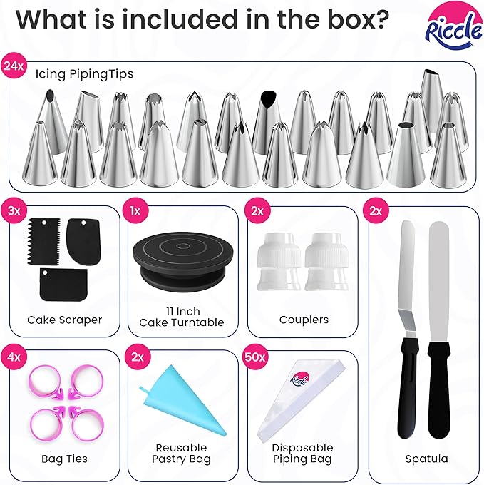 Riccle 88 pcs Cake Decorating Kit with Blue Cake Turntable - Includes 50 Disposable + 2 Reusable Piping Bags and Tips Set, 24 Icing Piping Tips, 2 Spatulas, 3 Icing Comb Scraper (Black) - Image 3