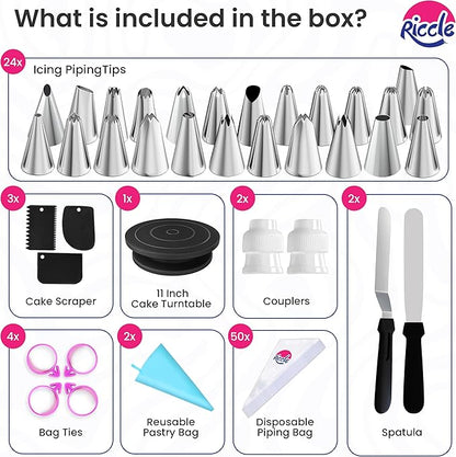Riccle 88 pcs Cake Decorating Kit with Blue Cake Turntable - Includes 50 Disposable + 2 Reusable Piping Bags and Tips Set, 24 Icing Piping Tips, 2 Spatulas, 3 Icing Comb Scraper (Black) - Image 3