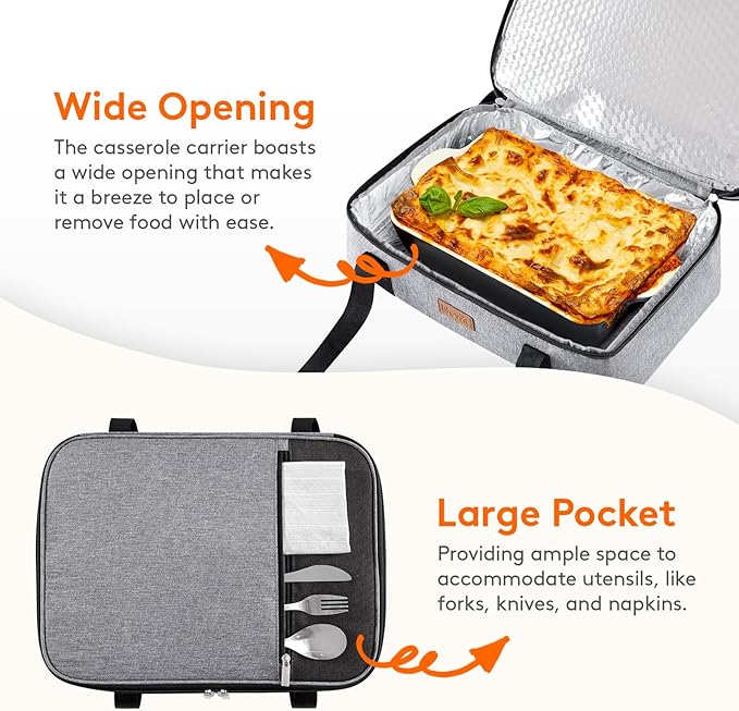 Lifewit Insulated Double Decker Casserole Carrier, Expandable Lasagna Lugger Tote Bag for Hot or Cold Food, Fits 9" x 13" Baking Dish for Potluck Parties, Picnic and Cookouts, Grey