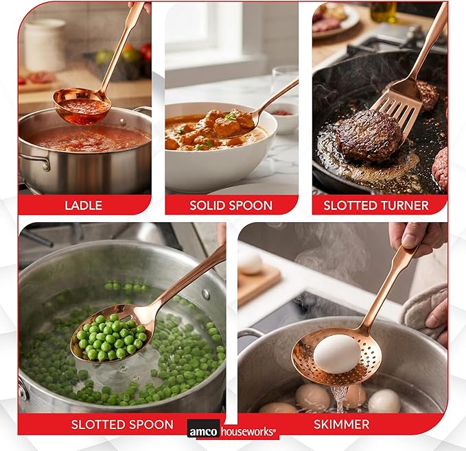 Amco 5-Piece Stainless Steel Cooking Utensil Set, Copper Finish - Includes Kitchen Ladle, Slotted Turner, Skimmer, Solid Spoons - 14" with Hanging Holes for Easy Storage, Durable Kitchen Gadgets - Image 6