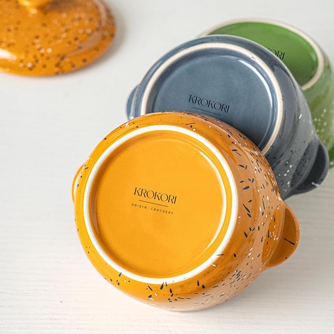 Ceramic Mini Cocotte Set of 4 for Oven,10 Oz Small Casserole Dishes with Handles and Lid,Individual Serving Pot for Souffle,Soup,Cobbler,Stoneware Baking Ramekins,Assorted Colors