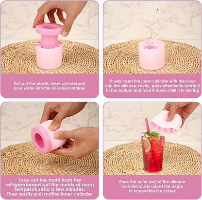 2 Pack Cylinder Silicone Ice Cube Molds, Easy-Release Ice Cube Trays for Cocktails, Whiskey, Coffee, Drinks, Portable Ice Bucket Maker Cup with Squeeze Design, 40 Pcs Ice Cubes Capacity (Pink)