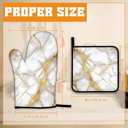 Marble Oven Mitts and Pot Holders Set,White Gold Flowing Marble Kitchen Oven Gloves and Pot Holder with Heat Resistant Non Slip for Cooking Baking Grilling(4 Piece Set)